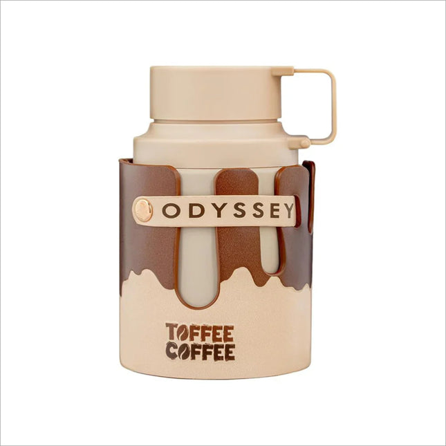 Bottle of Armaf Odyssey Toffee Coffee Eau De Parfum, a unisex toffee fragrance for men, showcasing its luxurious design.