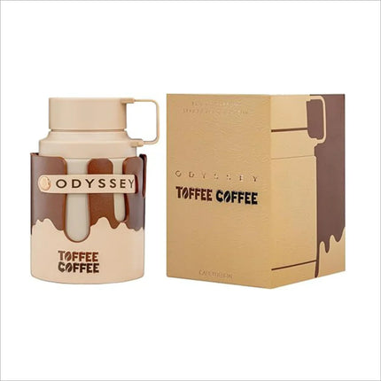 Close-up of Armaf Odyssey Toffee Coffee Eau De Parfum, a rich toffee fragrance for men, highlighting the artisan coffee notes.