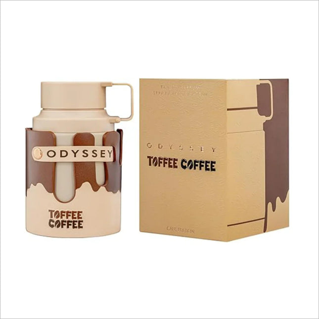 Close-up of Armaf Odyssey Toffee Coffee Eau De Parfum, a rich toffee fragrance for men, highlighting the artisan coffee notes.