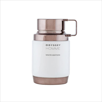 Armaf Odyssey White Edition 2.0 Edp, a premium woody aromatic scent showcasing vibrant notes of Yuzu and Pink Pepper.