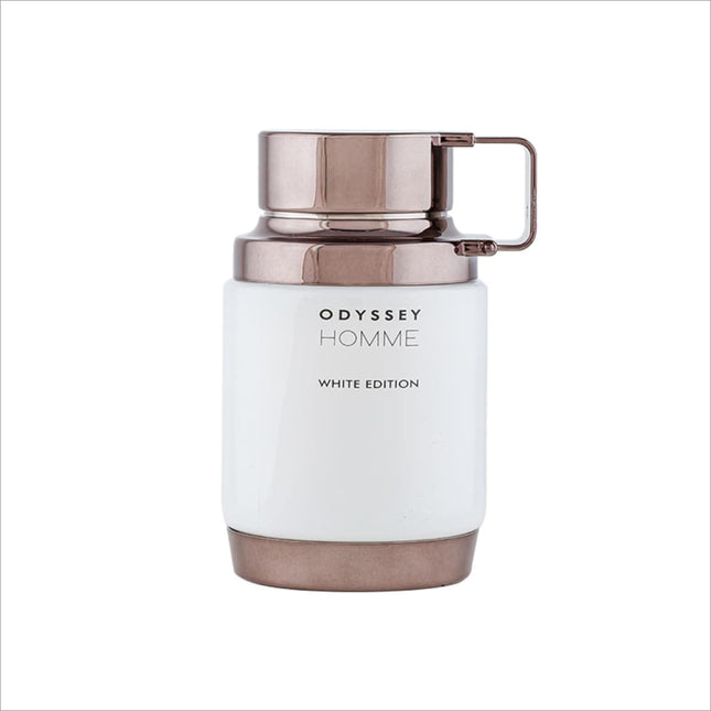 Armaf Odyssey White Edition 2.0 Edp, a premium woody aromatic scent showcasing vibrant notes of Yuzu and Pink Pepper.