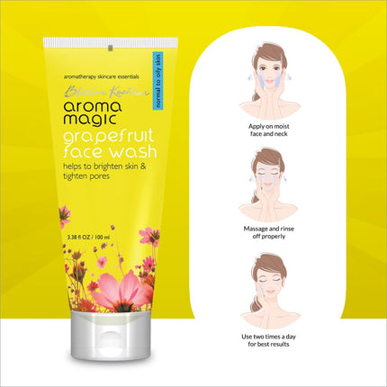 Image of Aroma Magic Grapefruit Face Wash for Oily Skin in a clean setting, illustrating its chemical-free formulation and skin rejuvenating effects.