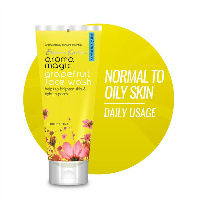 Aroma Magic Grapefruit Face Wash for Oily Skin - Brightening and Pore Tightening with Vitamin C, showcasing the natural ingredients like grapefruit, lemon, and aloe vera.