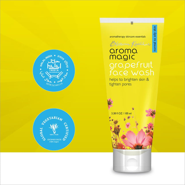 Bottle of Aroma Magic Grapefruit Face Wash for Oily Skin, highlighting its oil control features and revitalizing properties.