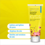 Aroma Magic Grapefruit Face Wash for Oily Skin, depicted with ingredients like vitamin C and beta carotene, highlighting its oil control and brightening properties.