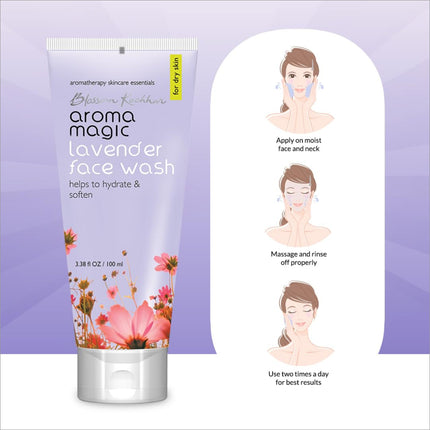 Aroma Magic Lavender Face Wash showcasing the natural ingredients like Lavender and Rose essential oils, ideal for preventing aging and soothing the skin. Recommended lavender face wash.