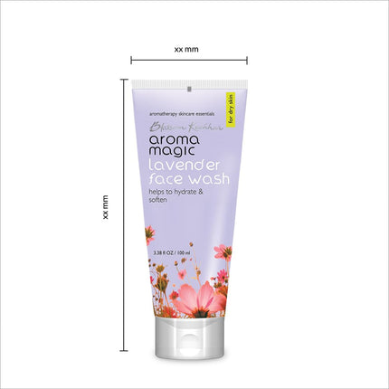 100ml Aroma Magic Lavender Face Wash product image, emphasizing its hydrating and soothing benefits with natural extracts for sensitive skin. Signature lavender face wash.