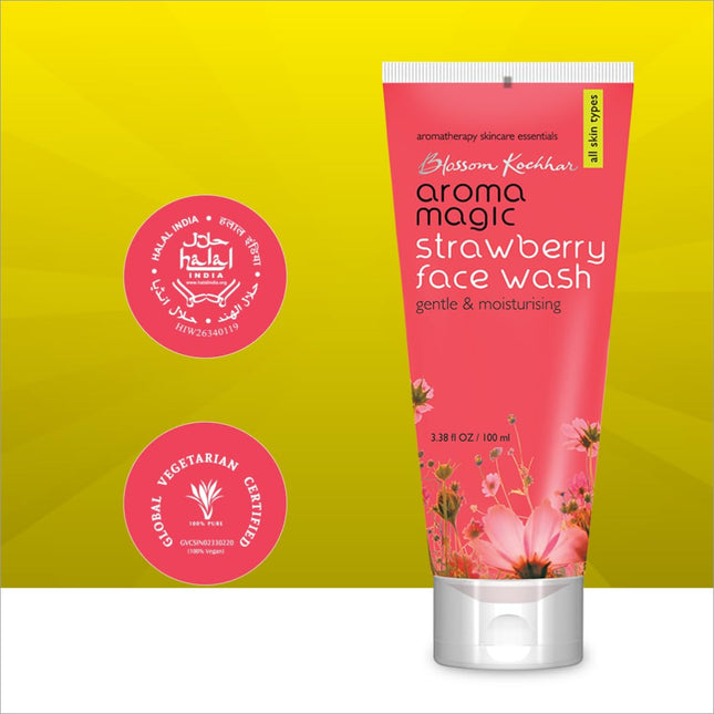 Close-up of Aroma Magic Strawberry Face Wash featuring strawberry fibers and essential oils, suitable for men and women