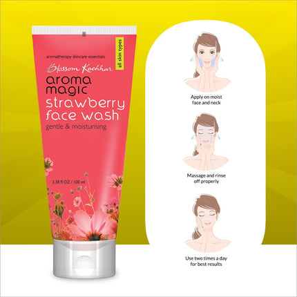 Bottle of Aroma Magic Strawberry Face Wash with Aloe Vera, showcasing the beneficial properties of natural extracts