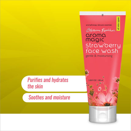 Ingredients of Aroma Magic Moisturizing Strawberry Face Wash, emphasizing Aloe Vera and Ylang Ylang essential oil
