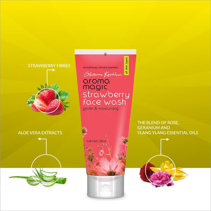 Aroma Magic Strawberry Face Wash in 100 ml packaging, designed for hydration and skin soothing