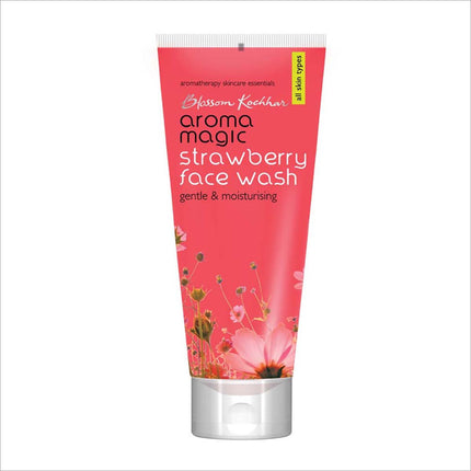 Aroma Magic Strawberry Face Wash with aloe vera and ylang ylang on a bathroom shelf, ideal for daily skincare routine