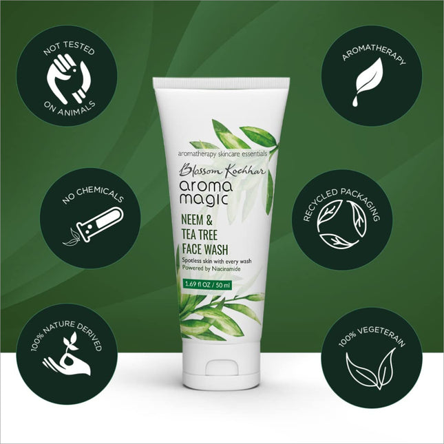 Aroma Magic Neem & Tea Tree Face Wash with 5% Niacinamide - Anti-acne face wash enriched with neem and tea tree oil for healthier skin.