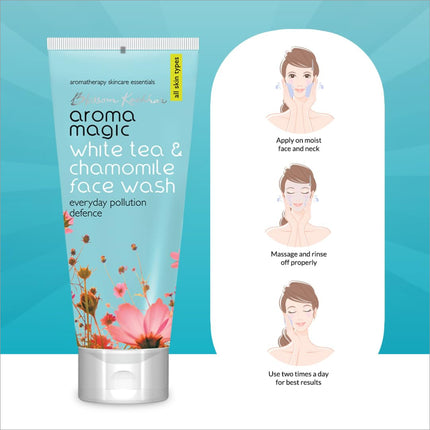 Close-up of Aroma Magic Pollution Defence Face Wash with natural ingredients like White Tea and Chamomile - an effective natural face wash for a clear complexion.