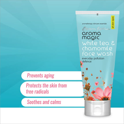 User applying Aroma Magic Pollution Defence Face Wash with Soya Milk - a gentle natural face wash suitable for daily use.