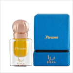 Clear glass perfume bottle with vibrant yellow liquid, accompanied by a blue box, showcasing the 'Persona' brand in gold lettering on both the bottle and the box.