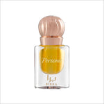 Clear glass perfume bottle with a golden-yellow fragrance, topped with a shiny rose gold cap, featuring the word 'Persona' elegantly printed on it.