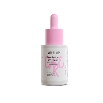 Swiss Beauty Care Glow Fusion Face Serum - 10% Vitamin C & Sakura Extract showcasing the lightweight formula, ideal as a face serum for glowing skin.