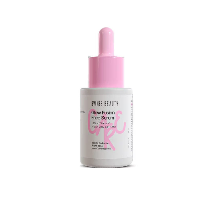 Swiss Beauty Care Glow Fusion Face Serum - 10% Vitamin C & Sakura Extract showcasing the lightweight formula, ideal as a face serum for glowing skin.