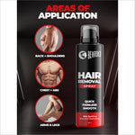 Beardo Hair Removal Spray in action for painless hair removal for men, featuring aloe and chamomile for soothing.