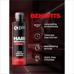 Beardo Hair Removal Spray showing its long-lasting smoothness and skin soothing properties, ideal for painless hair removal for men.