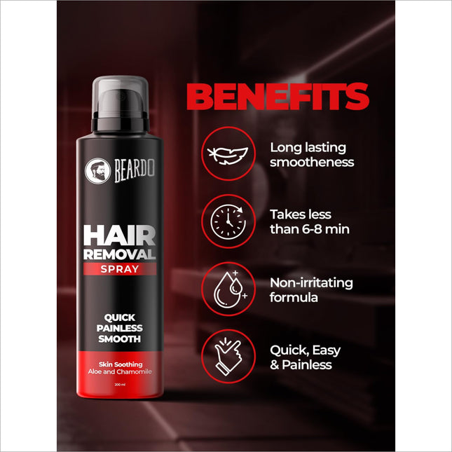 Beardo Hair Removal Spray showing its long-lasting smoothness and skin soothing properties, ideal for painless hair removal for men.