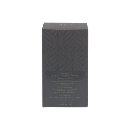 Back view of the Bewitched EDP packaging, highlighting detailed product information and ingredient list, along with the brand name 'BIRRA' embossed on a sleek black backdrop.