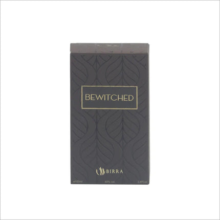 Close-up of the Bewitched EDP packaging, displaying the sophisticated black box design with gold lettering, featuring the product name 'BEWITCHED' and brand 'BIRRA'.