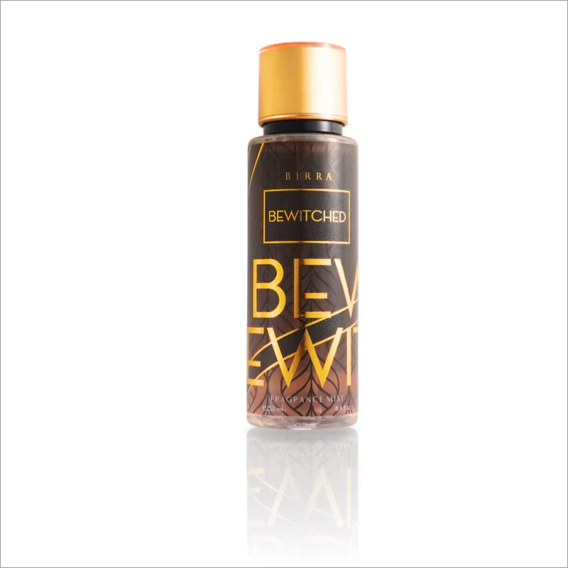 Bottle of Bewitched Body Mist by BIRRA, featuring a black and gold design with the product name prominently displayed in bold letters.