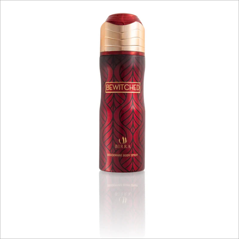 Front view of the Bewitched Deodorant by BIRRA, featuring an elegantly designed red canister with golden accents, showcasing the brand name prominently.