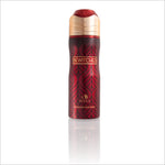 Front view of the Bewitched Deodorant by BIRRA, featuring an elegantly designed red canister with golden accents, showcasing the brand name prominently.