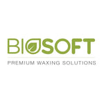 Biosoft logo in olive green, featuring a stylized leaf integrated into the letter ’o’ and the tagline “premium waxing solutions” beneath it.