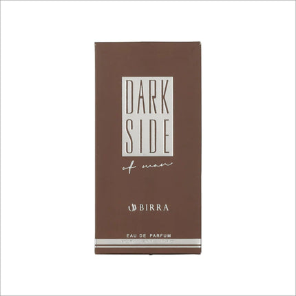 Dark Side EDP 100ml perfume box with minimalist branding by BIRRA, displaying product information and a stylish brown color.