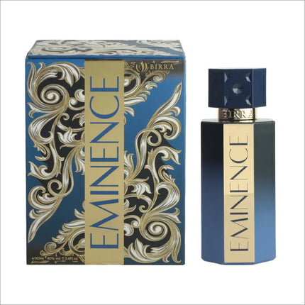 BIRRA Eminence Premium Perfume presented with its decorative box, highlighting the perfume bottle's stylish design and detailed packaging with luxurious motifs.