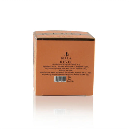 Birra Revel 30 Grams showcasing the beautiful bottle design, highlighting its citrus fragrance notes.