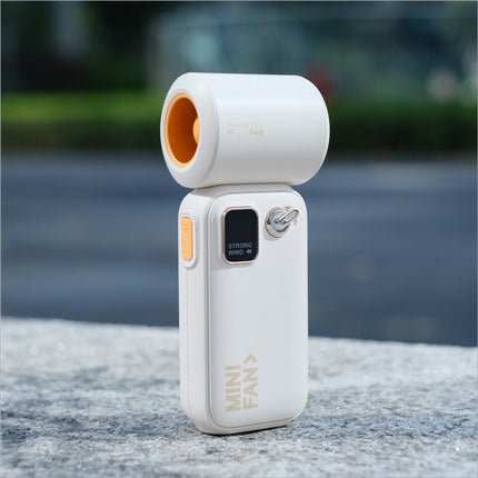 White c06 portable usb rechargeable mini fan with orange interior digital display and 100 speed levels handheld design