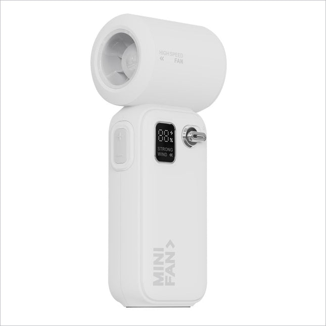 White c06 portable usb rechargeable mini fan with sleek compact design and digital display showing battery level