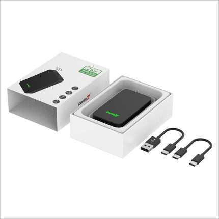 Black rectangular wireless charging pad with green carlinkit branding and usb-c cables for wireless android auto and carplay