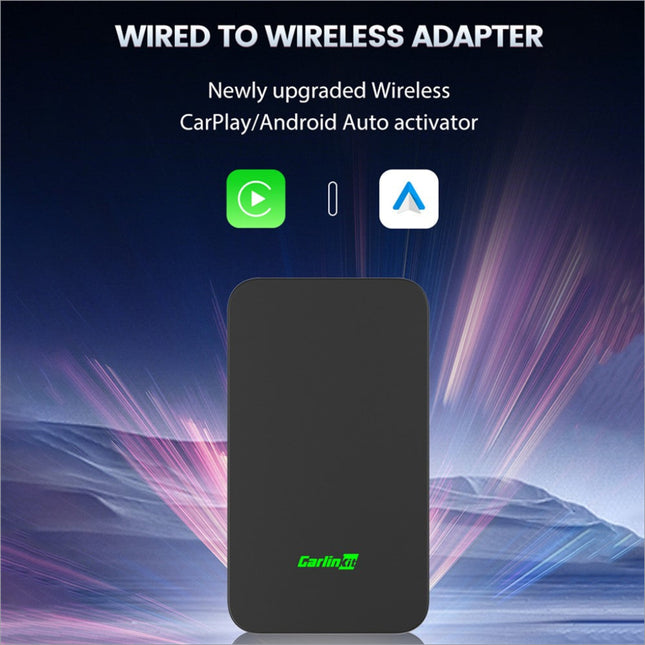 Black rectangular carlinkit 2air-oem-bk wireless android auto carplay adapter with green logo for wireless android auto use