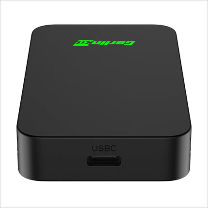 Black rectangular CARLINKIT 2Air-OEM-BK external ssd with green garlic logo and usb-c port for wireless android auto