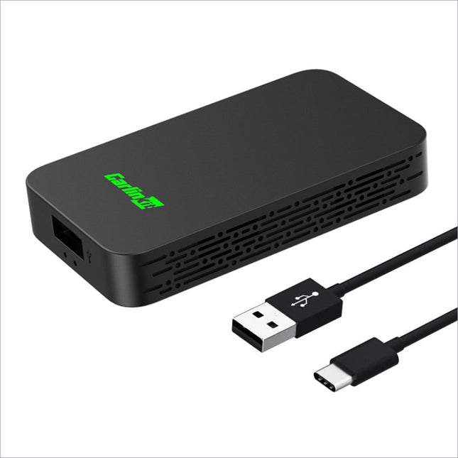 Black rectangular carlinkit z7 usb-c to ethernet adapter with green logo and vents for wireless carplay and android auto use