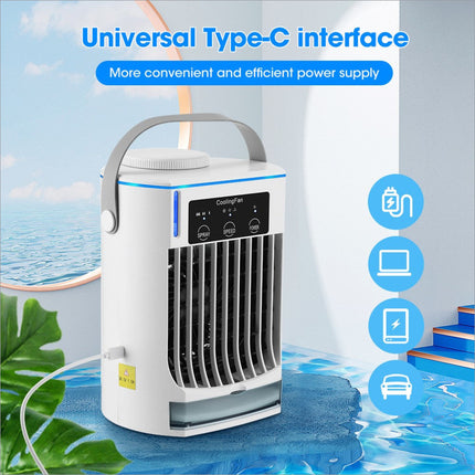 White portable cooling fan cf-008 with digital display and control buttons features water tank and pull-out condensate collection