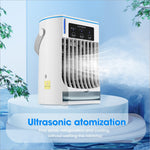 Cf-008 summer home mini air conditioning water cooling fan in white and blue with vertical slats, digital control panel, water tank, and pull-out condensate collection