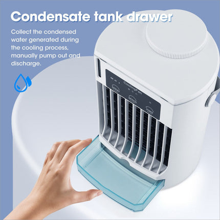 Cf-008 summer home mini air conditioning water cooling fan with white body and translucent blue pull-out condensate collection tank