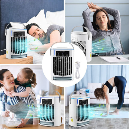 White and blue cf-008 summer home mini air cooler with water tank, digital display, and pull-out condensate collection