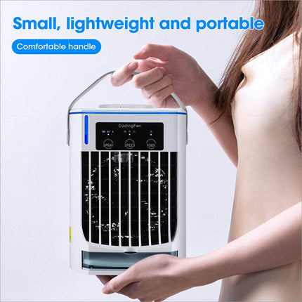 White and blue cf-008 summer home mini air cooling fan with handle digital control panel and water tank level indicator