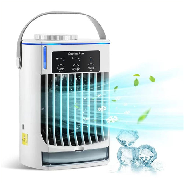 White portable cooling fan cf-008 with blue led accents, control buttons, water tank, water level, and pull-out condensate collection
