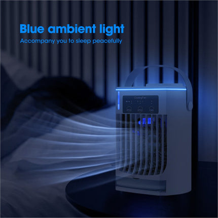 White portable cooling fan cf-008 with blue ambient lighting handle water tank and pull-out condensate collection for bedside use