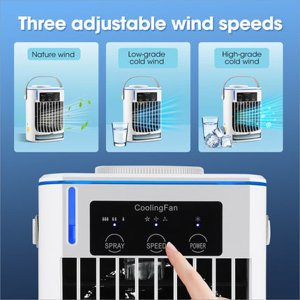 White and blue cf-008 summer home mini air cooling fan with digital panel water tank and pull-out condensate collection