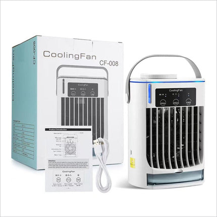 White cf-008 portable air cooler with black front slats, blue led accents, water tank, water level, and pull-out condensate collection